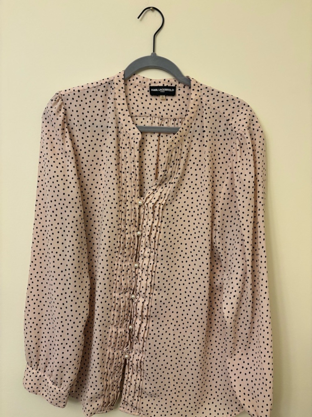 Karl Lagerfeld Pink Polka Dot Ruffle Front Blouse